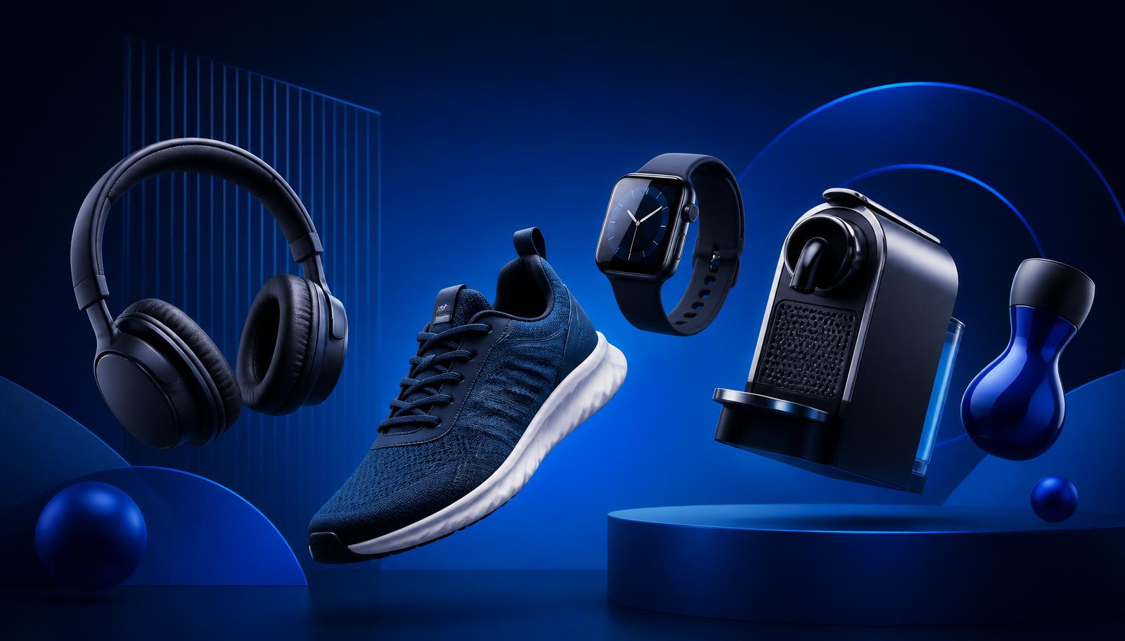Popular marketplace products including headphones, sneakers, a smartwatch and a coffee machine